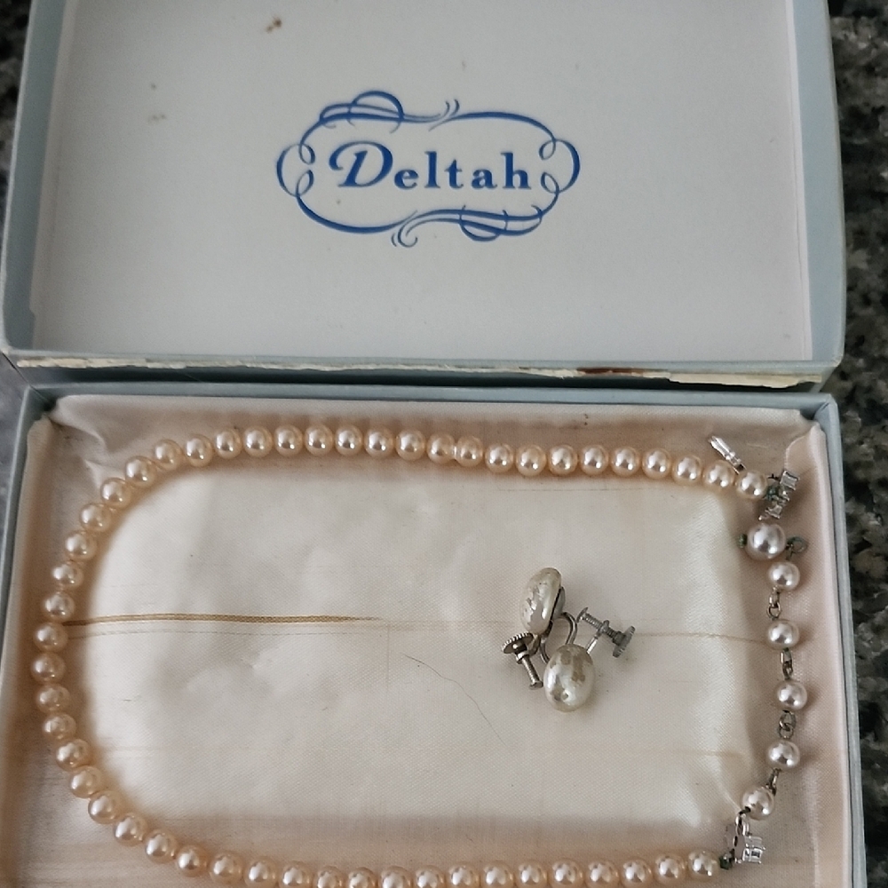 Vintage Deltah Simulated Pearl Choker & Earrings Set In Original Box